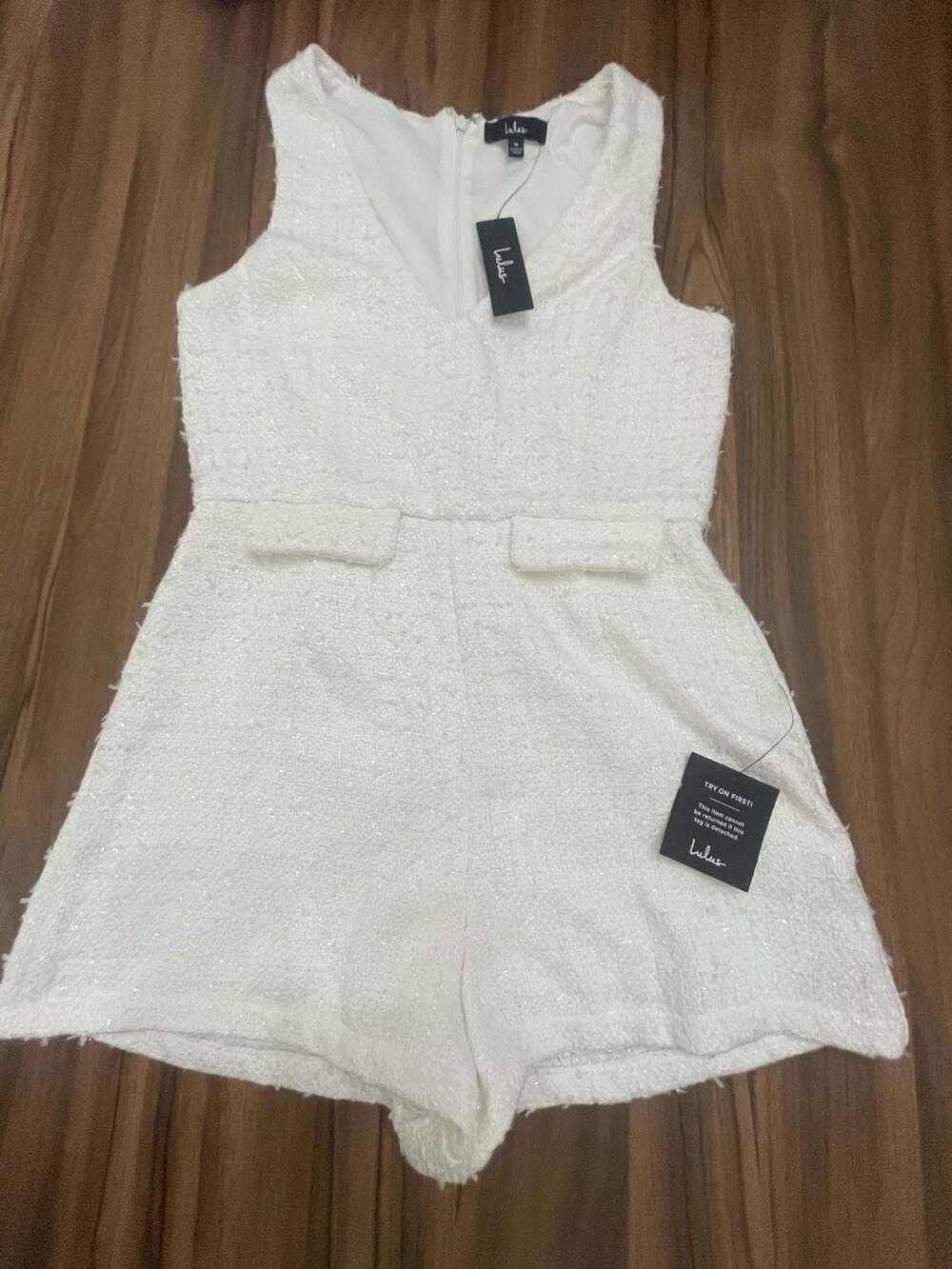 NWT Lulus V-Neck Flap Detail Tweed Romper Size M White